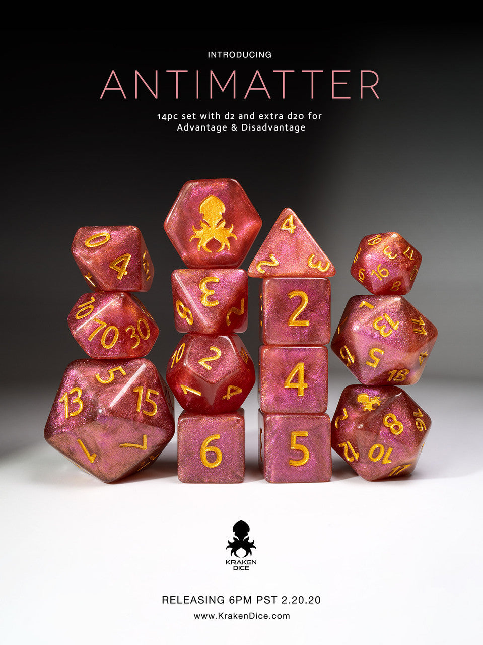 Antimatter Pink Shimmer 14pc Gold Ink Dice Set